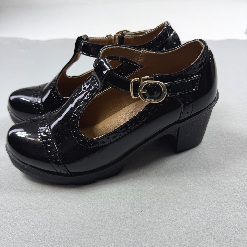 DADAWEN Black Patent T-Strap Mary Jane Platform Lug Sole Brogue Pumps Size 37